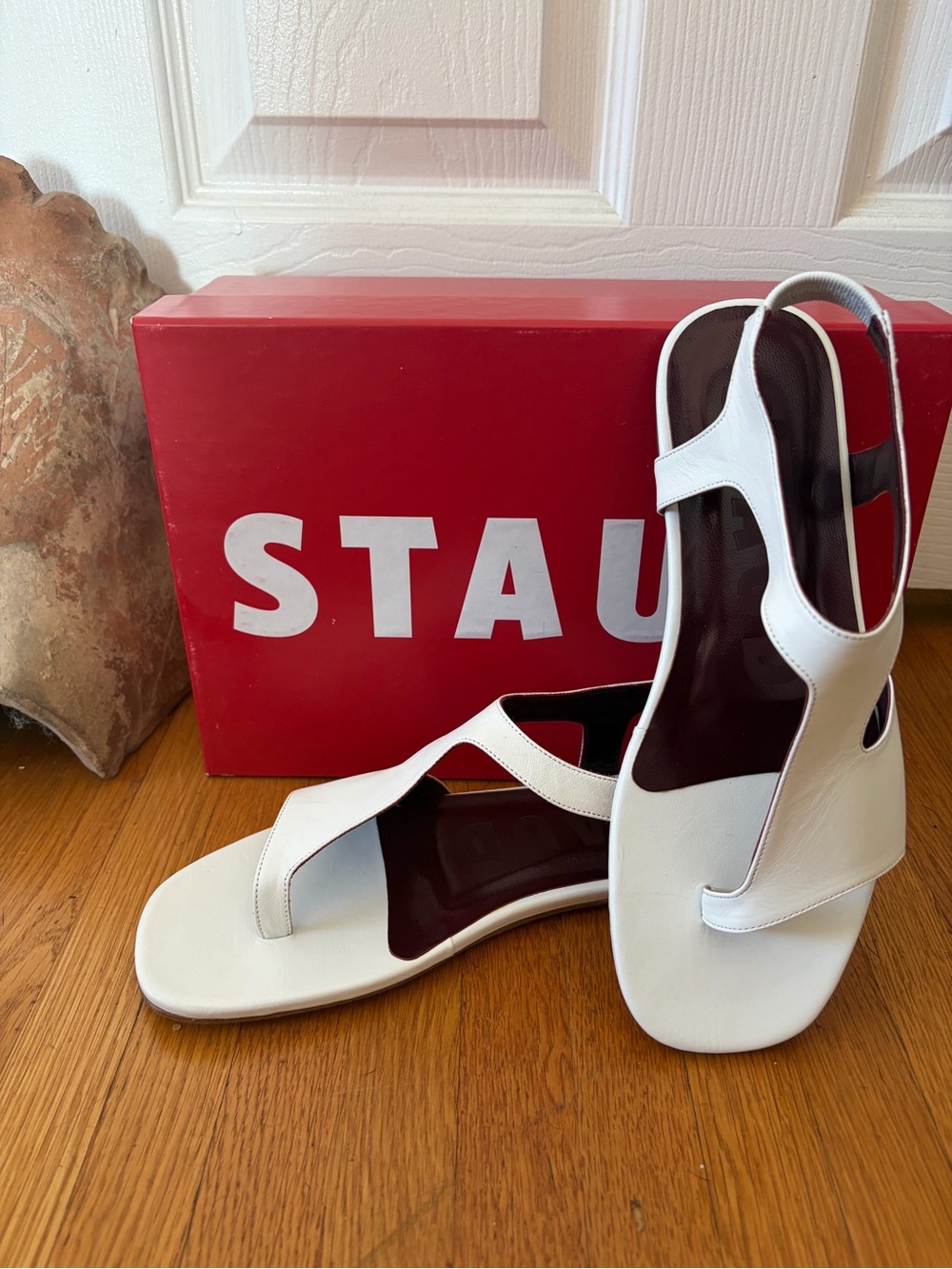 STAUD White Leather Slingback Toe-Loop Sandals